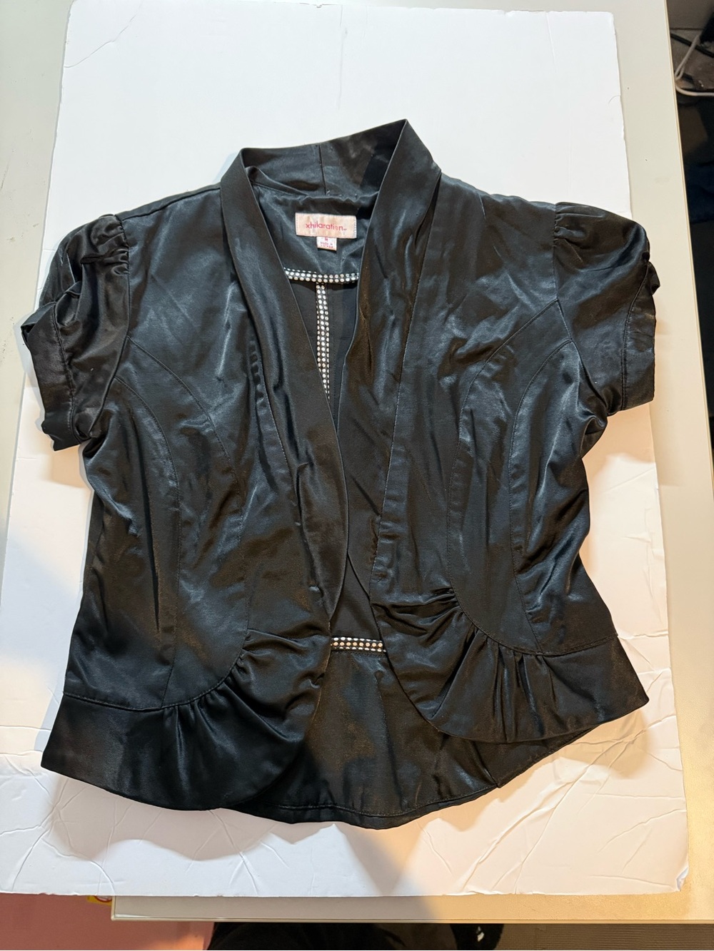 Xhilaration Black Satin Peplum Blazer M Puff Sleeve Polka Dot Y2K